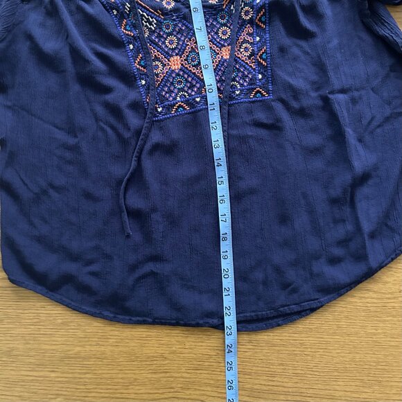 Mossimo Dark Blue Peasant Blouse Embroidered Panel Tassel Tie Size M - Picture 7 of 8